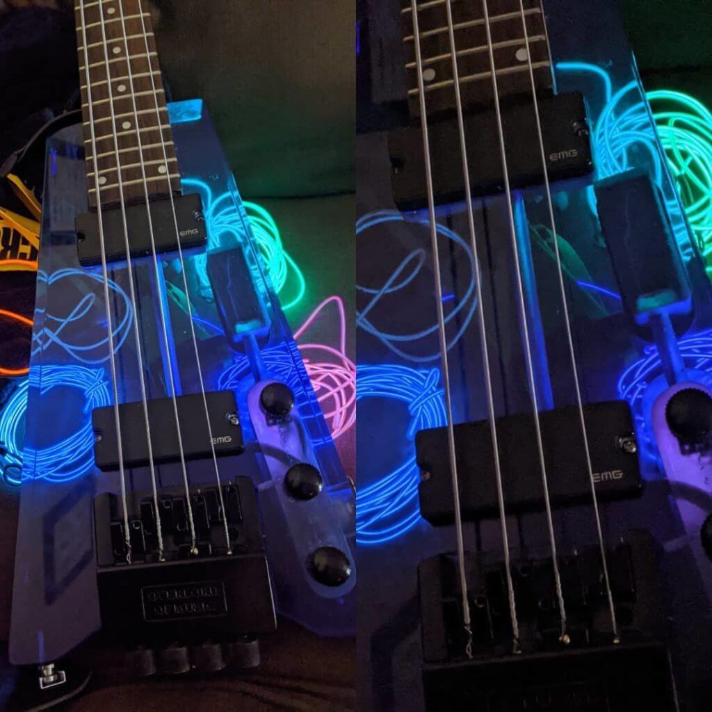 Blue lucite translucent steinberger knock off bass guitar with EL glow wire behind it